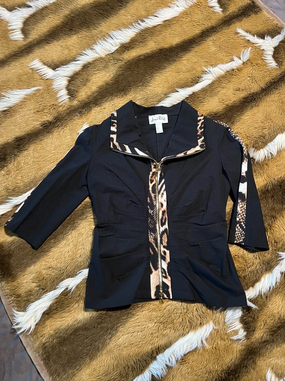 Joseph Ribkoff Zip Front Jacket Top Size 6 US 36 EU Animal Print Trim Black